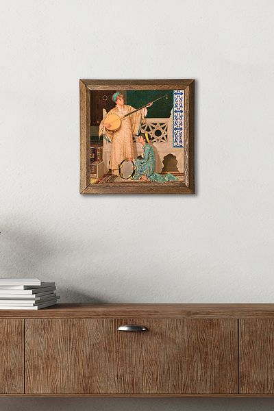 Pinecone Two Musicians Girl Painting Stone Wall Painting Wooden Framed Wall Decor Wall Art 25X25Cm