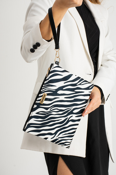 Bagfoni Zebra Patterned Clutch Bag with Hand Strap