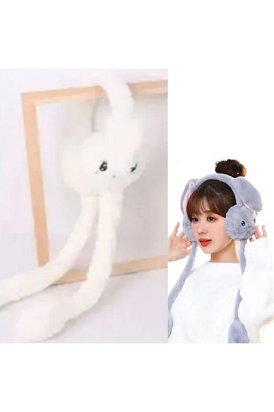 Tarz Çocuk White Plush Rabbit - Children's Ear Warmer Protector with Movable Play Ears