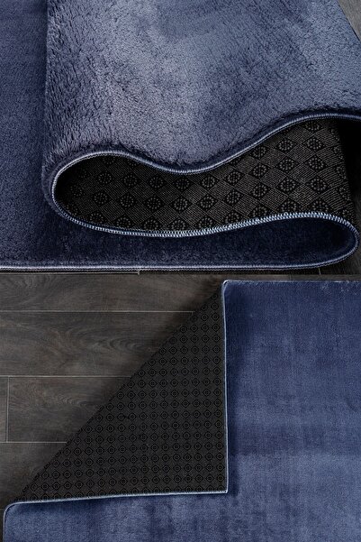 ELVİRAHOME Relax Navy Blue Corridor Entrance Hall Room Carpet Cutting Washable Non-Slip Plush Soft Runner