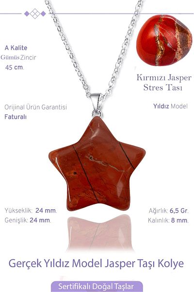 Tesbih Atölyesi Real Star Model Red Jasper Stone Necklace - Certified with Silver Apparatus