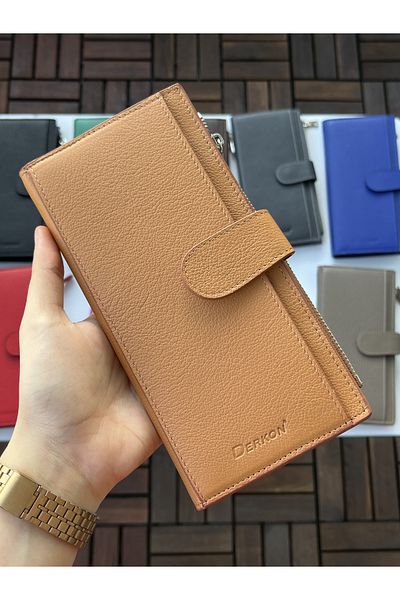 DERKON Noby Model Genuine Leather Tan Wallet with Phone Compartment