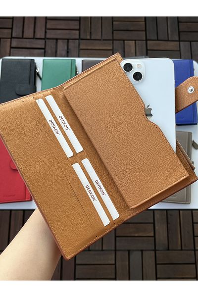 DERKON Noby Model Genuine Leather Tan Wallet with Phone Compartment