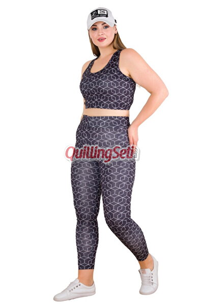 quilling طقم لباس ضيق رياضي نسائي منقوش هندسيًا باللون الأسود 1509 مقاس كبير