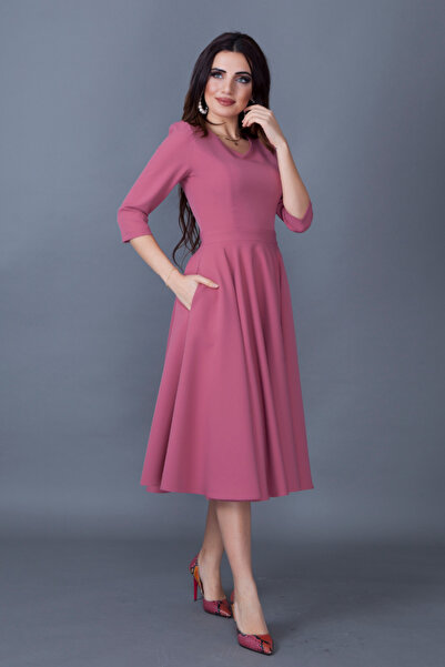 NO48 Φόρεμα Dusty Rose Three Quarter μανίκι V με λαιμόκοψη με υφαντό ύφασμα με φουσκωτό μίντι μήκος