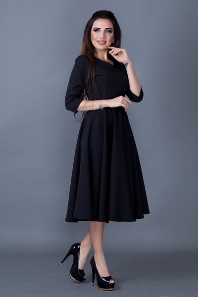 NO48 Black Three-Quarter Sleeve V-Neck Pocket Woven Draped Fabric Flared Midi Dress