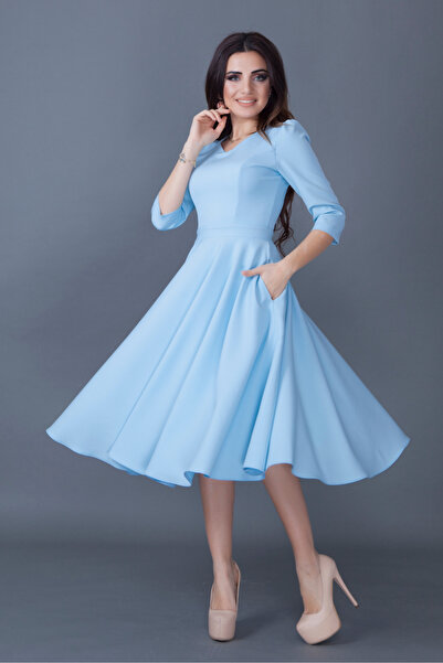 NO48 Rochie midi evazată din țesătură fluidă, cu mâneci trei sferturi, cu decolteu în V, cu buzunare