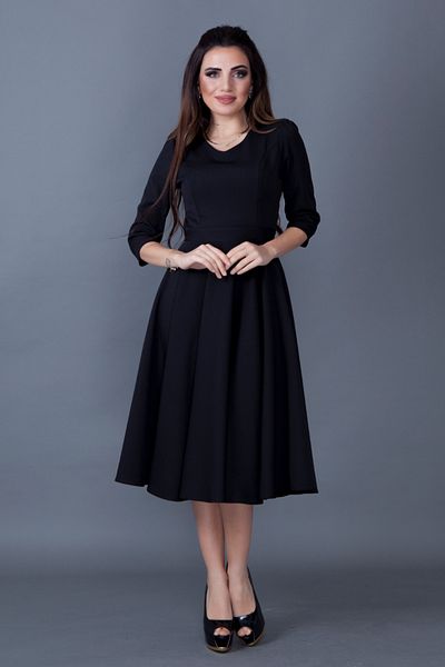 NO48 Black Three-Quarter Sleeve V-Neck Pocket Woven Draped Fabric Flared Midi Dress
