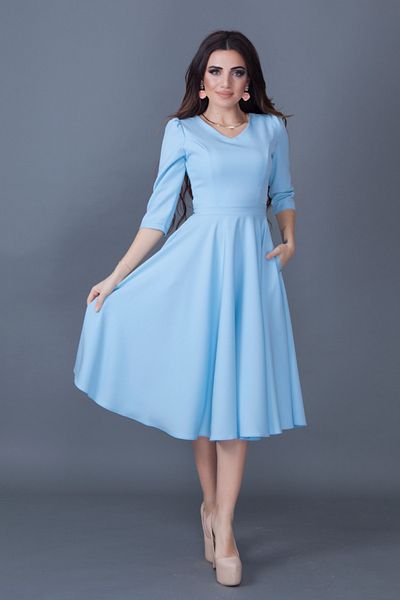 NO48 Baby Blue Three-Quarter Sleeve V-Neck Pocket Woven Draped Fabric Flared Midi Dress