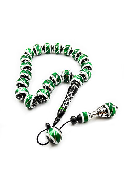 TAŞHAN Gümüş Ve Yeşil Kehribar İşlemeli 17 li Erzurum Oltu Taşı Efe Stres Tes...