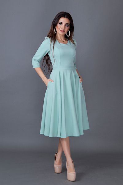 NO48 Mint Green Three-Quarter Sleeve V-Neck Pocket Woven Draped Fabric Flared Midi Dress