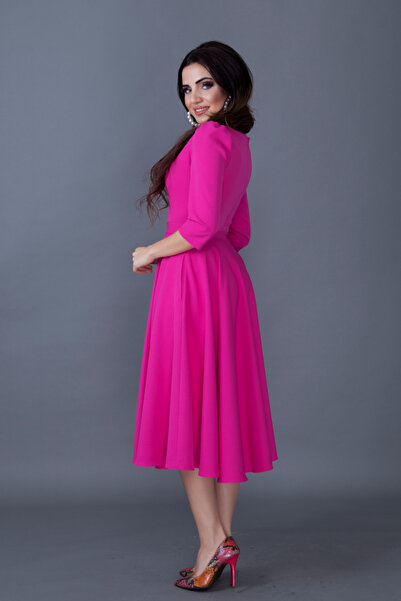 NO48 Φούξια μανίκι τριών τετάρτων με τσέπες με λαιμόκοψη με υφαντό ύφασμα με φουσκωτό μίντι φόρεμα