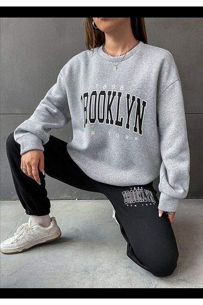 Pisa Art Hanorac oversize unisex cu imprimeu gri cu decolteu