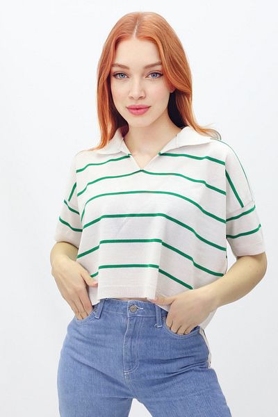 ÇILDIR TRİKO WOMEN'S POLO NECK SHIRT COLLAR STRIPED SWEATER