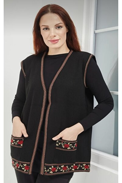Lolfix Kadın Siyah Güllü Triko Anne Yelek
