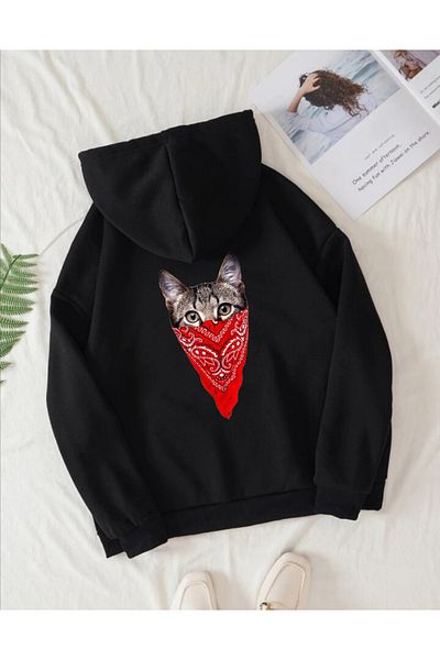 Pisa Art PİSA ART Hanorac oversize unisex cu glugă cu imprimeu pisică neagră PİSA ART