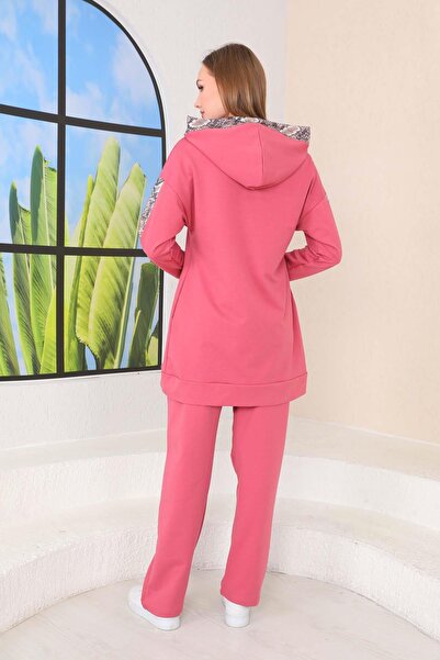 WestBound Women's Leopard Sequin Sequin Detailed Powder Color Casual 3-Piece Sports Set - Hijab Set