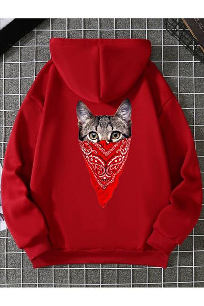 Pisa Art PİSA ART Hanorac oversize unisex cu glugă cu imprimeu pisică roșie PİSA ART