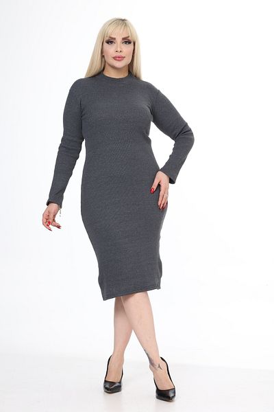 MJORA Anthracite Stand Collar Midi Length Ribbed Knitted Dress