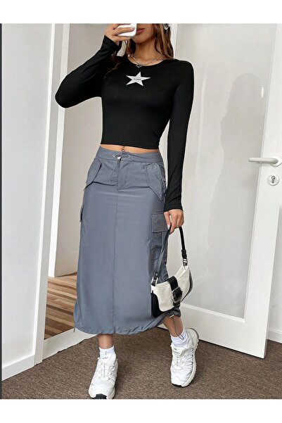 Bengi Clothing Μαύρη μπλούζα με στάμπα με λαιμόκοψη - μακρυμάνικο, Y2K με ραβ...