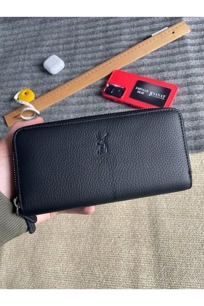 SANAT LEATHER SL-2155 محفظة سوداء من الجلد الطبيعي بسحاب مزدوج ومقبض للجنسين ...