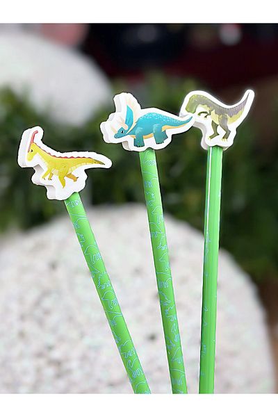 QUEEN AKSESUAR Imported 3-Piece Dinosaur Dinosaur Pattern Pencil Eraser Stationery Set Boy