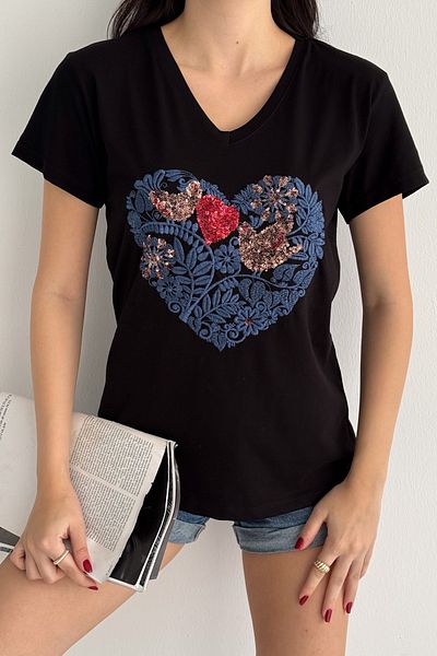 FEMELLE Tricou de damă negru cu decolteu în V cu paiete și broderie 100% bumbac