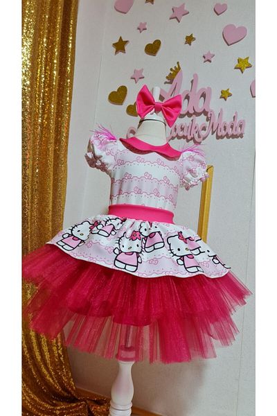 NA ADDESIGN Rochie de tul pufoasă cu model Hello Kitty roz pentru fete