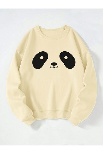 Ginevra Φούτερ Unisex Crew Neck Panda με στάμπα Oversize Loose Cut Fleece φούτερ
