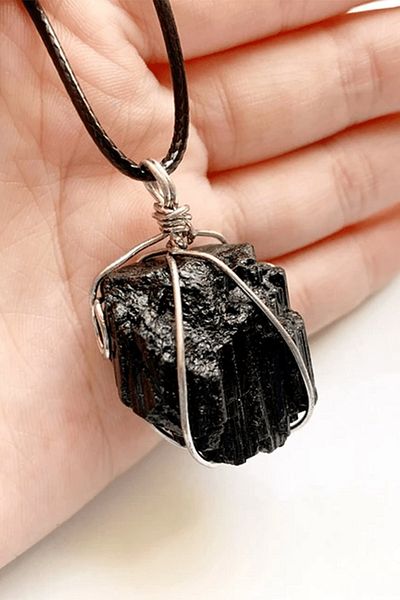 Tesbih Atölyesi Certified Leather String Wire Wrapped Black Tourmaline Stone Necklace
