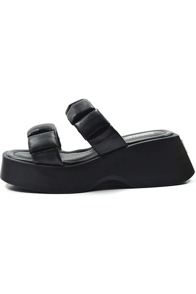 Onlo Ayakkabı Papuci de damă cu toc gros cu platformă neagră din piele naturală 310