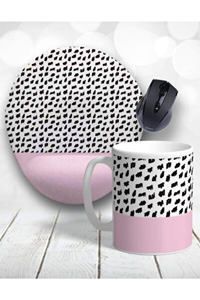 Atölye Çizgi Pembe Puantiye Desen Bilek Destekli Mouse Pad Ve Kupa Bardak Seti