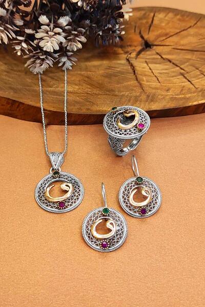 Aykat Vav Harfli Taşlı Oksitli 925 Ayar Telkari Gümüş Set Kolye Küpe Ayarlana...