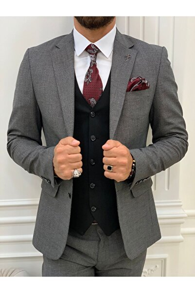 LONATOLİA Erkek Kombinli Takım Elbise Kırlangıç Yaka İtalyan Kesim Slim Fit Ceket Yelek Pantolon