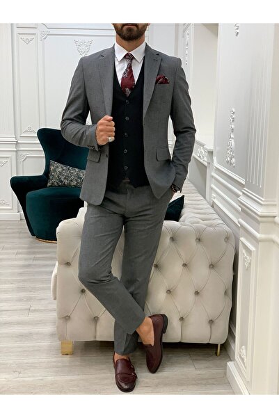 LONATOLİA Erkek Kombinli Takım Elbise Kırlangıç Yaka İtalyan Kesim Slim Fit Ceket Yelek Pantolon