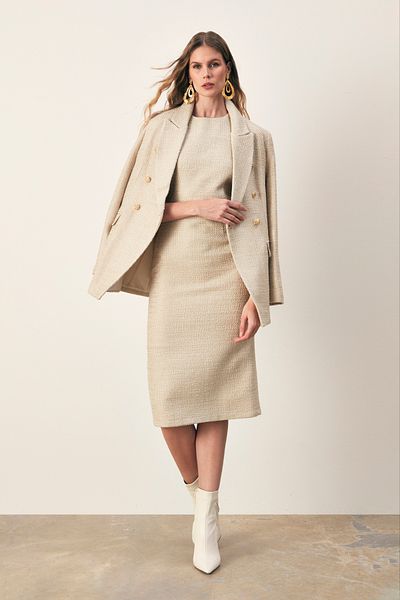 Sateen Sleeveless Long Tweed Dress - BEIGE