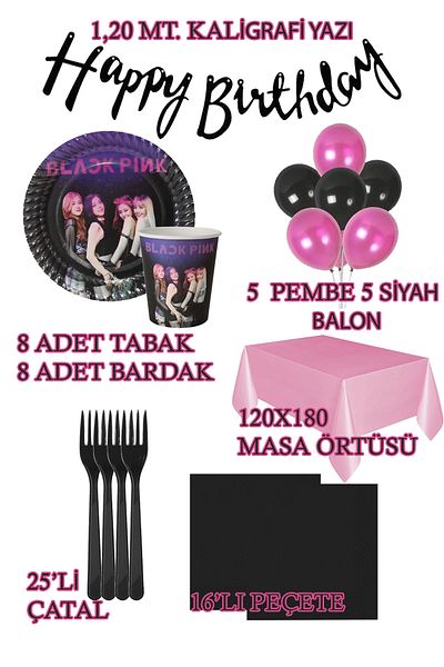 Parti dolabı 8 Person Black Pink Birthday Set Black Pink Balloon Plate Cup Balloon Party Set