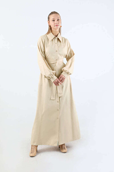 ZÜLAYS Gömlek Yaka Düğmeli Gabardin Elbise Taş