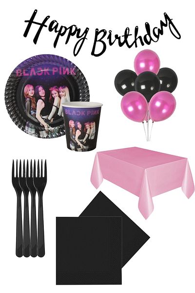 Parti dolabı 8 Person Black Pink Birthday Set Black Pink Balloon Plate Cup Balloon Party Set