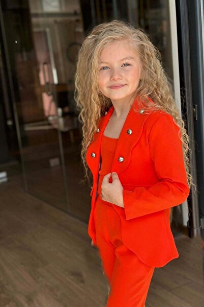 Riccotarz Girl's Silver Button Detailed Blazer Jacket and Orange Bottom Top Set