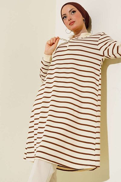 benguen 669 Collar Zippered Striped Tunic Brown