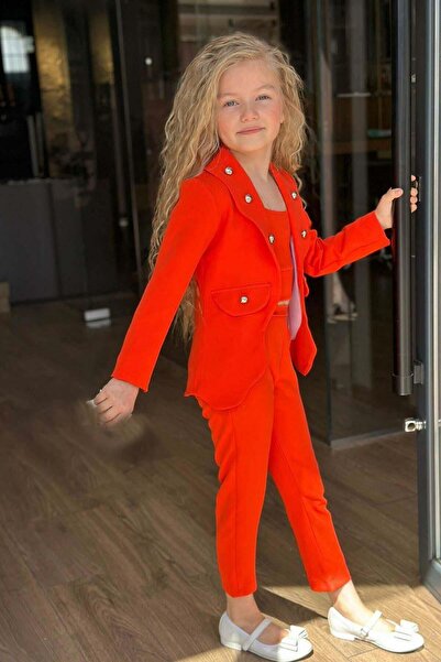 Riccotarz Girl's Silver Button Detailed Blazer Jacket and Orange Bottom Top Set