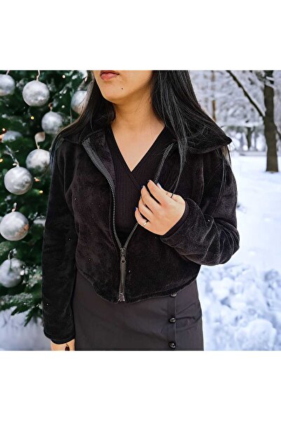 Pupa Fermuarlı Dik Yaka Oversize Peluş Ceket Hırka