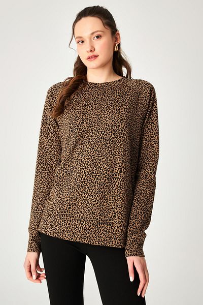 Hanna's by Hanna Darsa Women's Round Neck Long Sleeve Leopard Print Blouse