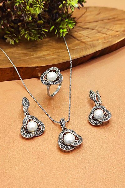 Aykat İnci Taşlı Markazit Model 925 Ayar Gümüş Set Kolye Küpe Yüzük AKS-2089