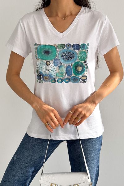FEMELLE Women's White V-Neck Seashell Sequin Embroidered 100% Cotton T-Shirt