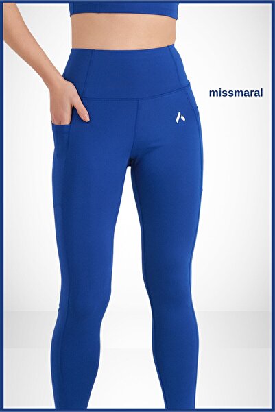 missmaral Women's Saks Blue High Waist Recovery Double Pocket Sports Leggings Shades 1057
