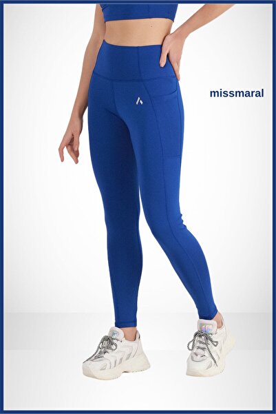 missmaral Women's Saks Blue High Waist Recovery Double Pocket Sports Leggings Shades 1057
