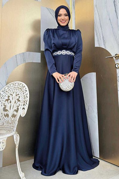 Bym Fashion 3863 Ζώνη με κοσμήματα σατέν φόρεμα Navy Blue