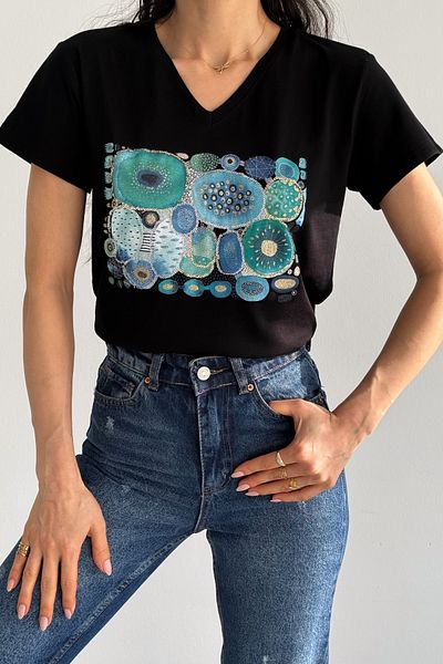 FEMELLE Tricou de damă, negru, cu decolteu în V, cu paiete, 100% bumbac